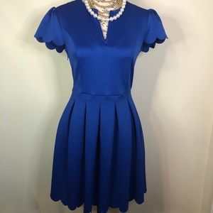 V-Neck Sweet Scallop Pleated Blue Dress Sz S